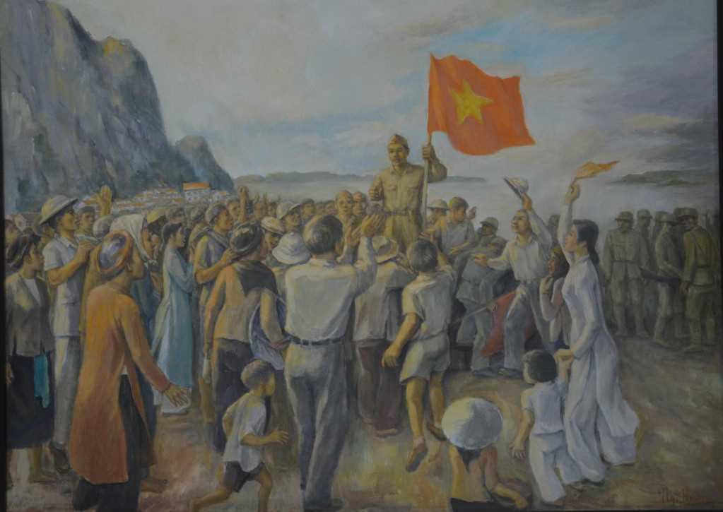 Bức tranh "Giành chính quyền ở Hòn Gai" của cố họa sĩ Nguyễn Hoàng đang trưng bày tại Bảo tàng tỉnh Quảng Ninh.